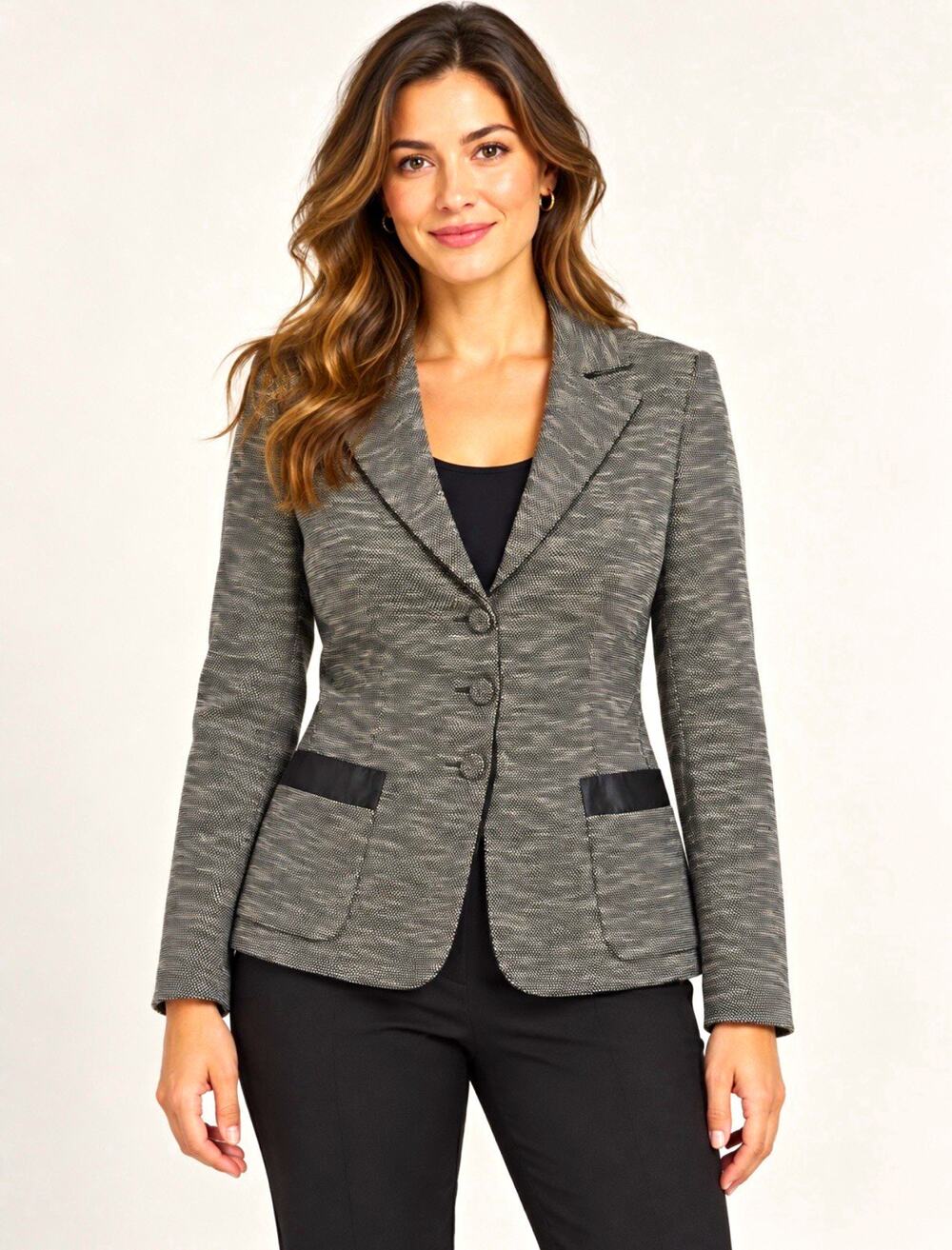 Piazza Sempione Blazer Womens IT 42 Gray Textured Cotton Black Trim Made in Ital